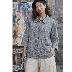 VTG Chicos Women Silk Jacket Top L Black Embroidered Artsy Button Front Evening